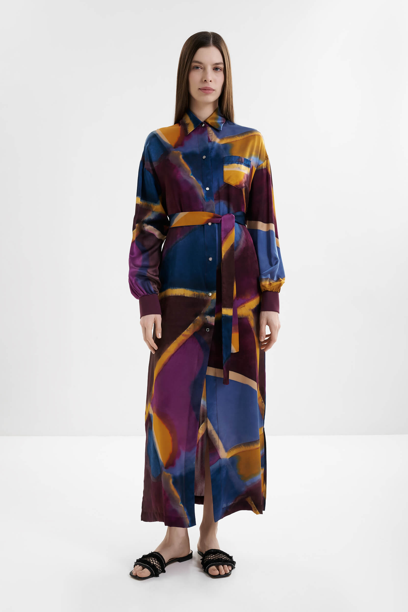 Шелковое платье-рубашка с поясом Shan 