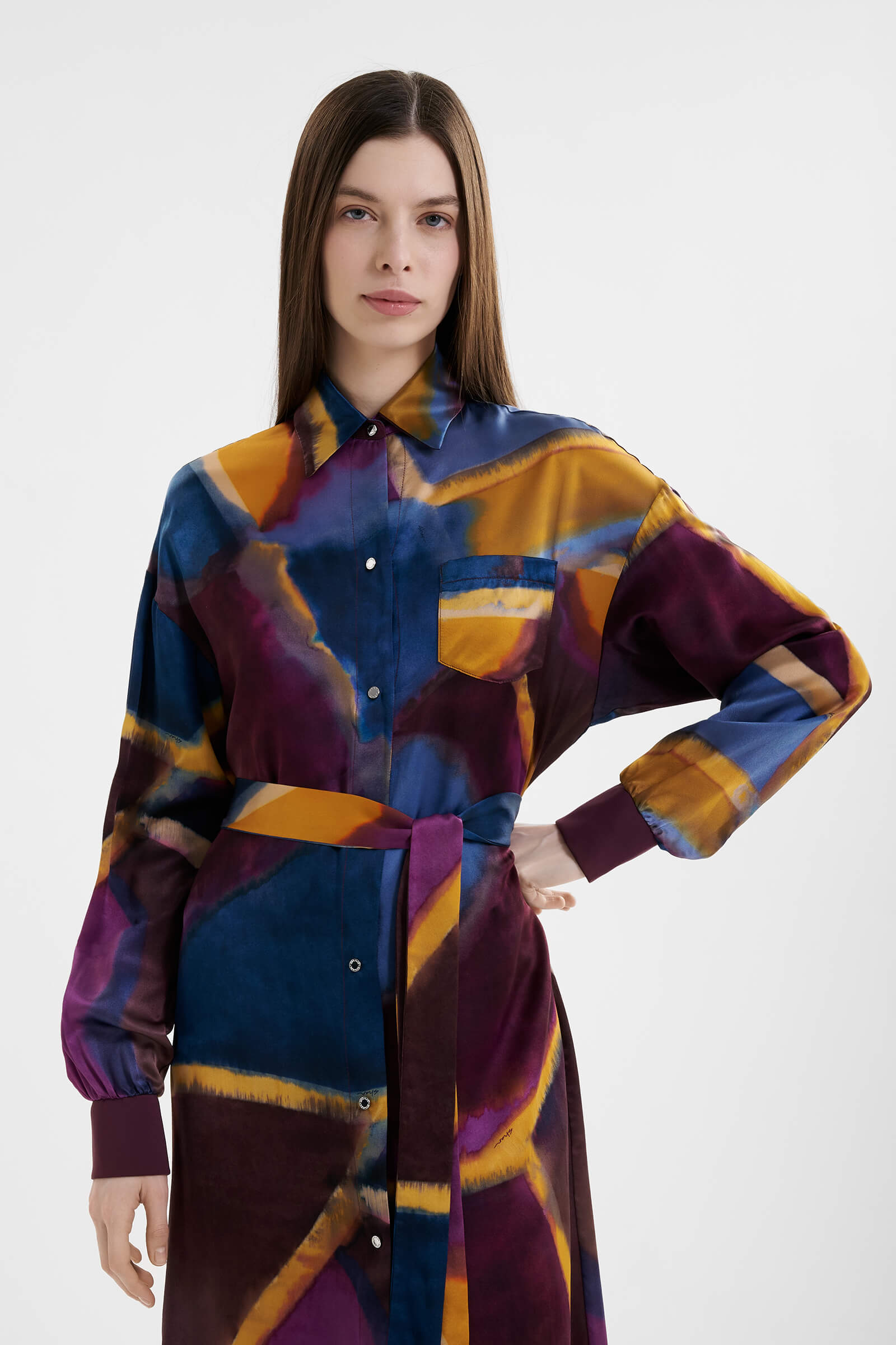 Шелковое платье-рубашка с поясом Shan 